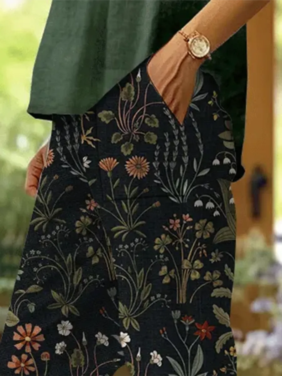 Women's Forest Floral Print Casual Pants (With Pockets)