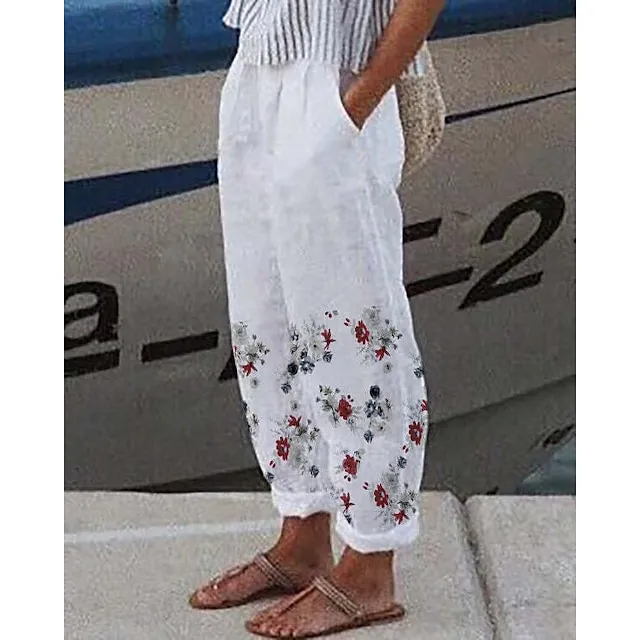 Women's Wide Leg Pants Trousers Baggy Ankle-Length Faux Linen Side Pockets Baggy Micro-elastic Mid Waist Fashion Designer Casual Weekend Gray Green White / Black S M