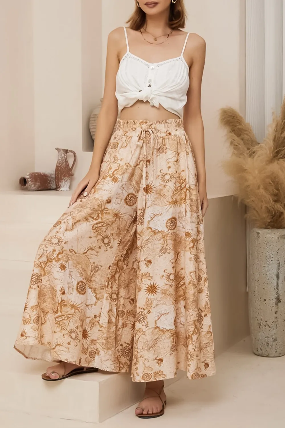 Light Khaki Patterned High Waist Wide Leg Trousers