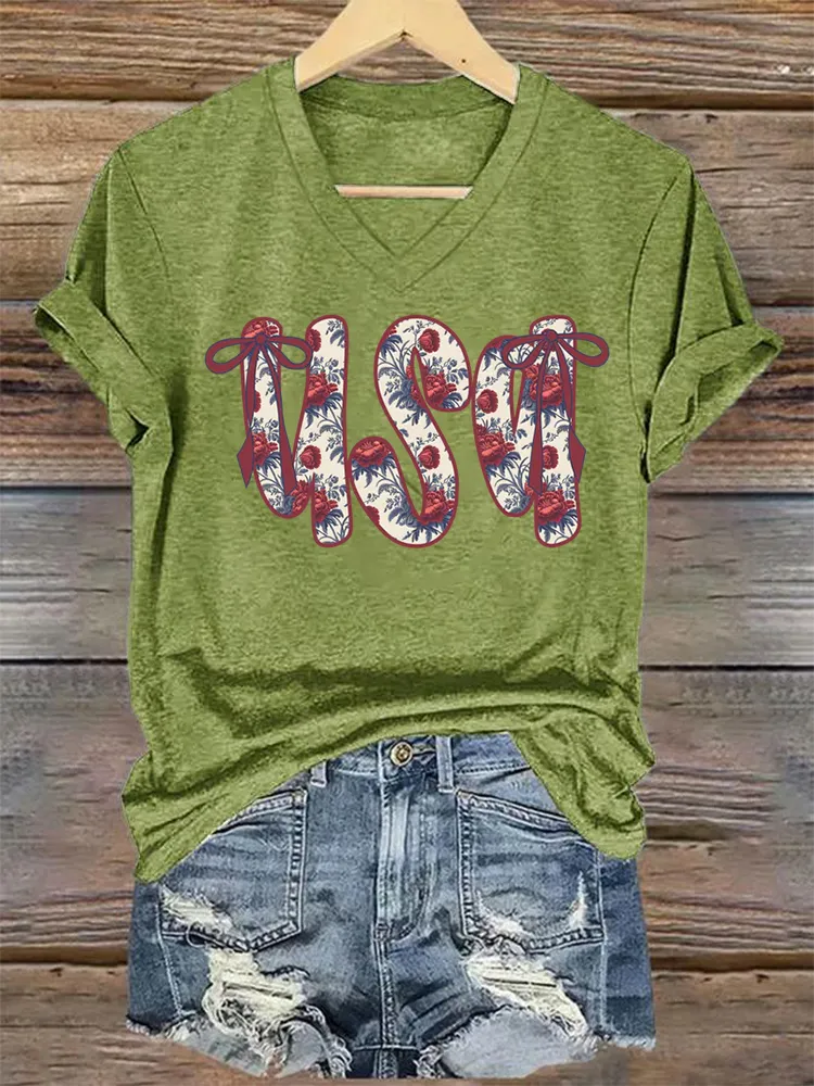 Woman'S USA Independence Day V-Neck And Short Sleeves T-shirt