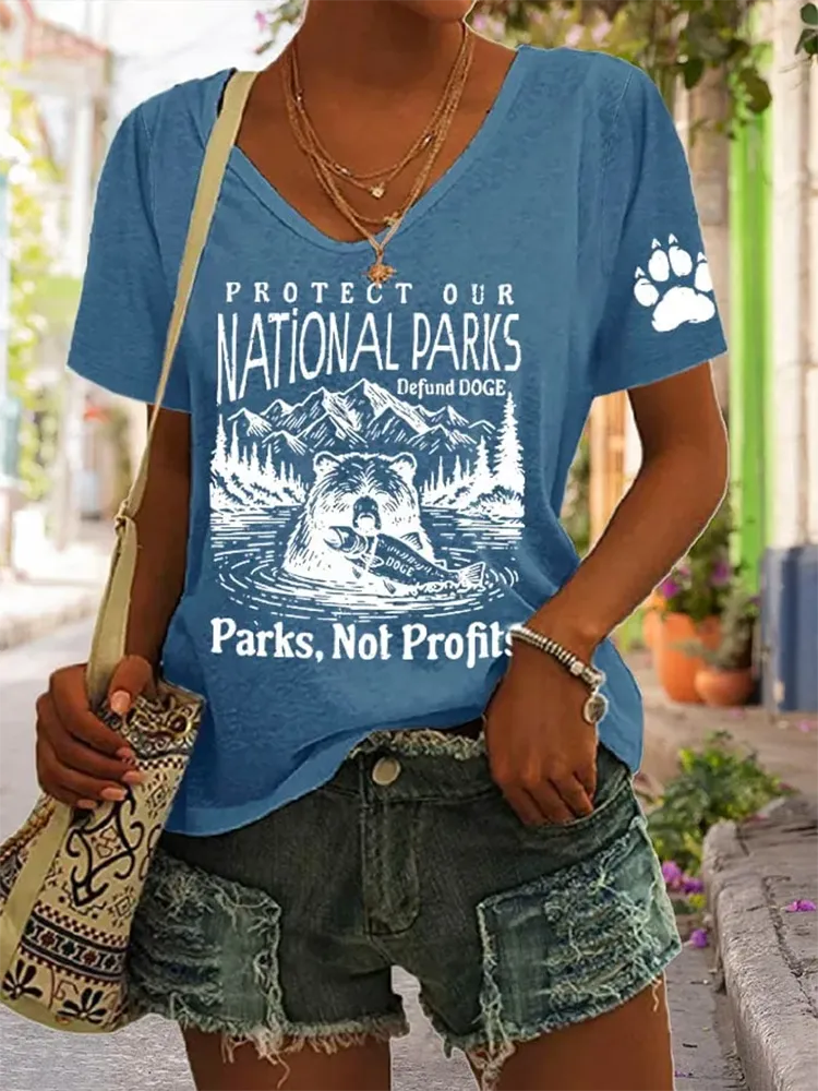 Woman'S Protect Our National Parks Defund Doge Parks, Not Profits V-Neck Short-Sleeve T-Shirt
