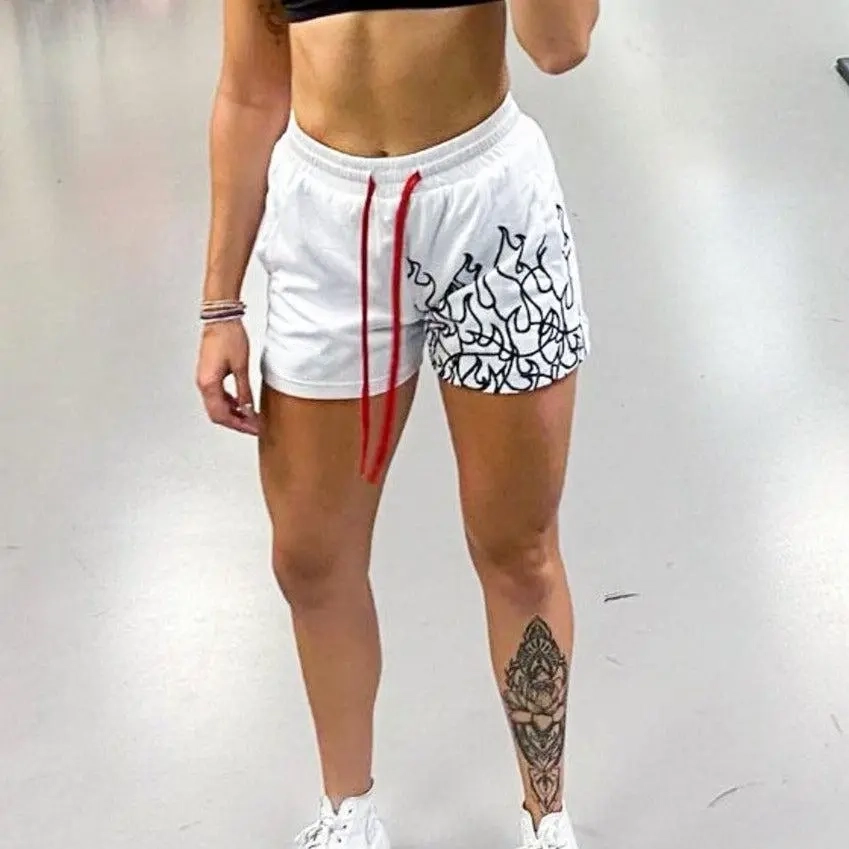 MUAY THAI FLAME SHORTS (MID THIGH CUT) - WHITE / BLACK