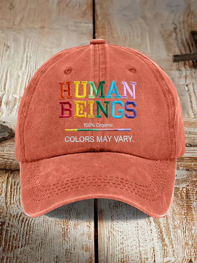 Retro Human Beings 100% Organic Colors May Vary Human Rights Equality Pride Print Baseball Cap