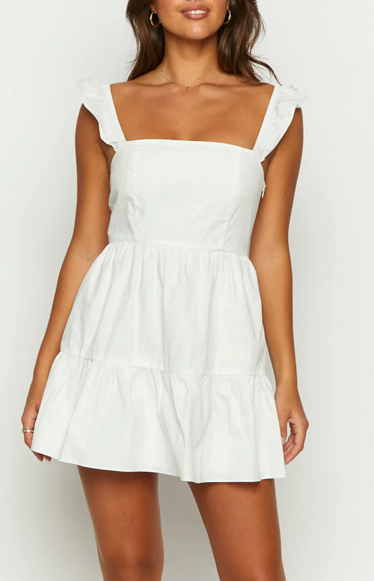 White Flutter Sleeve Ruffled Mini Dress