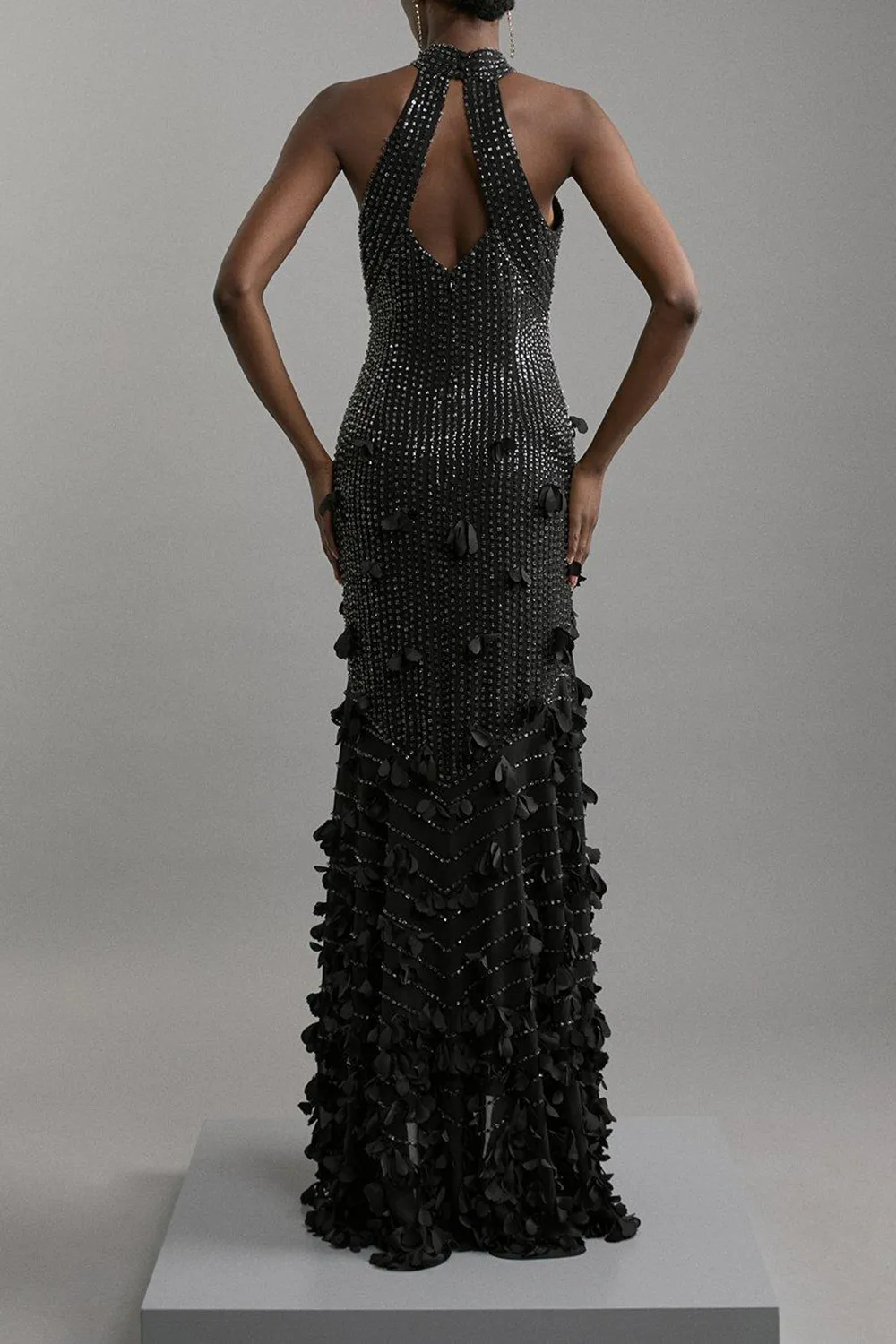Floral Applique Crystal Embellished Woven Maxi Rosette Maxi Dress
