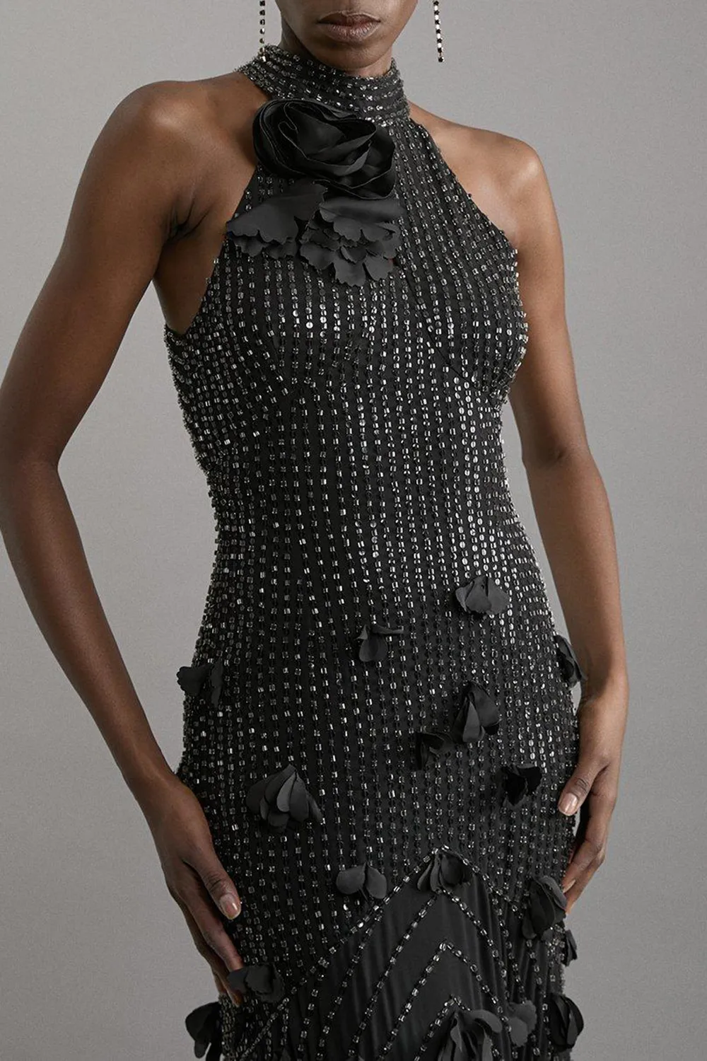 Floral Applique Crystal Embellished Woven Maxi Rosette Maxi Dress