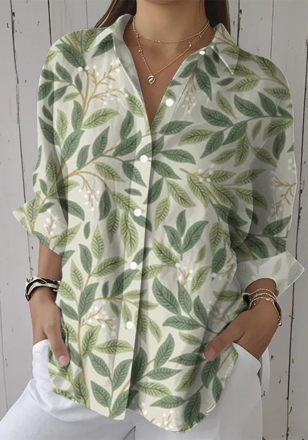 Women's Casual Green Plant Printed Long Sleeve Cotton and Linen Shirt