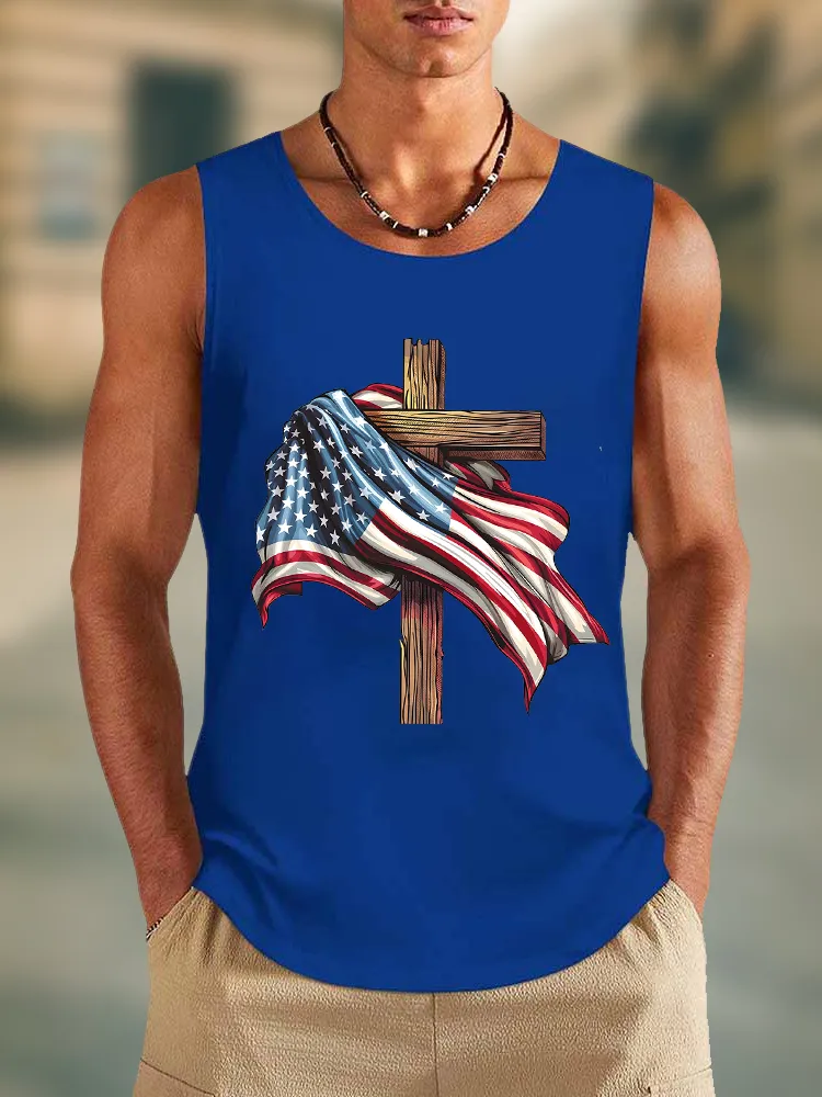 Men'S The Stars And Stripes Cross Print Round-Necked Sleeveless Vest