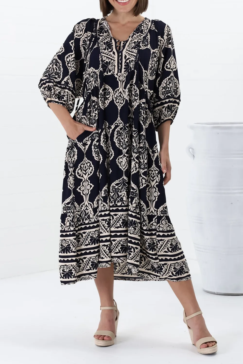 Navy Patterned Lantern Sleeve Midi Dress