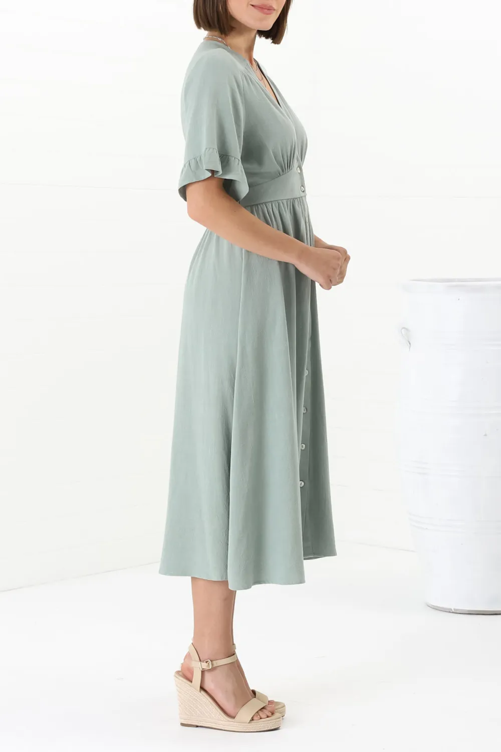 Light Green Button Down Flutter Sleeve Midi Dress