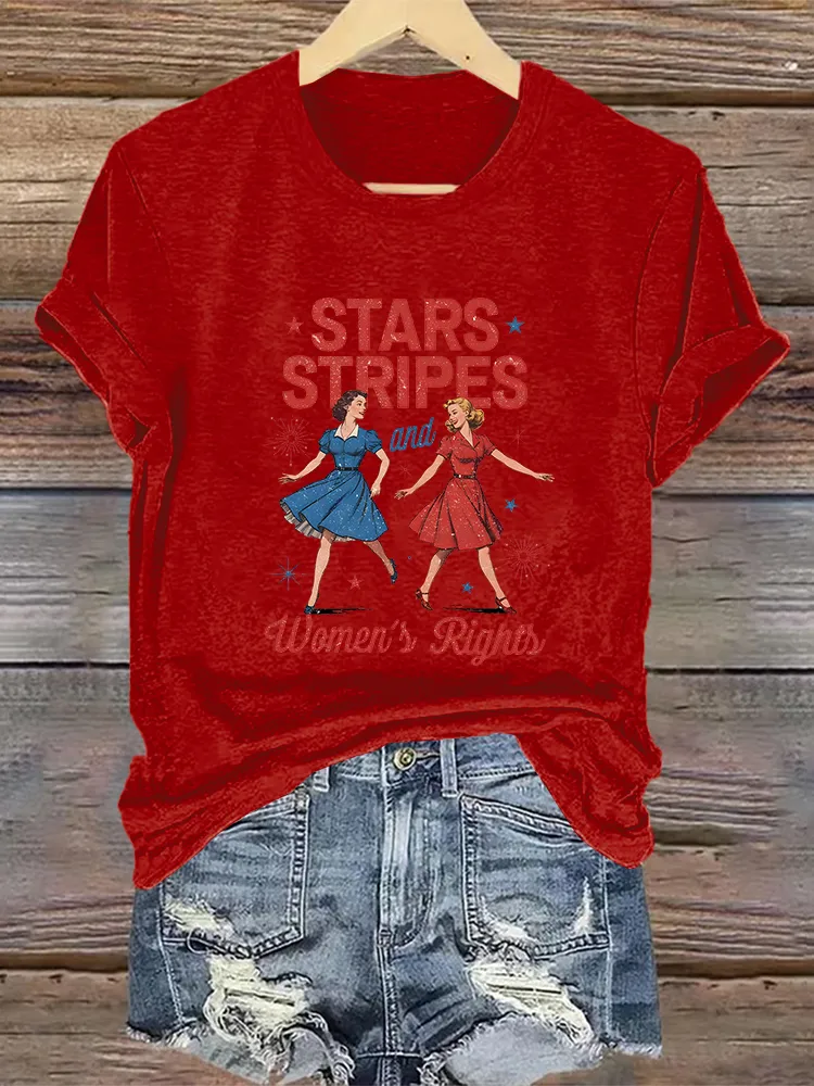 Woman'S Stars Stripes And Women'S Rights Crew Neck Short Sleeve T-Shirt