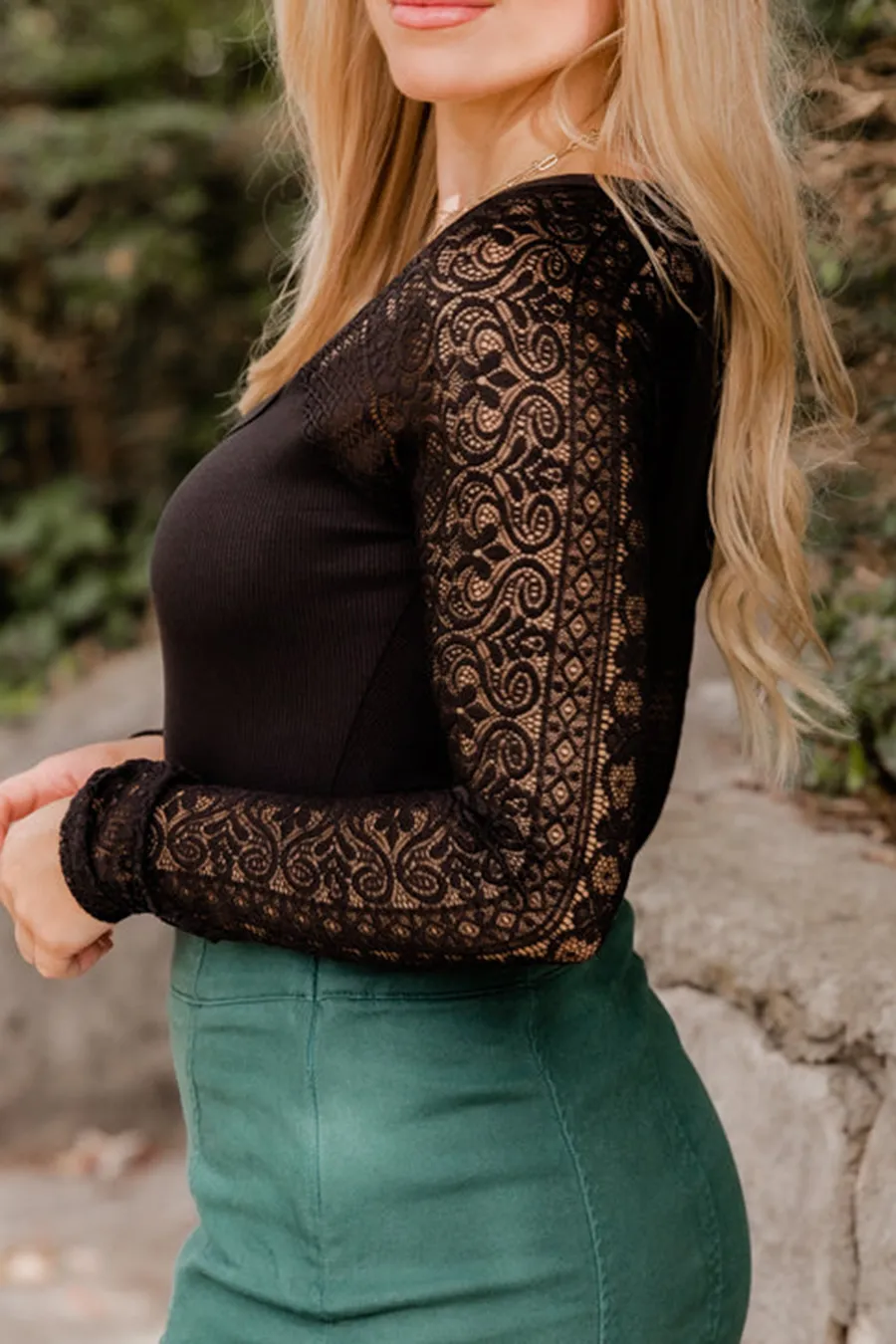 Black Lace Sleeve Square Neck Bodysuit