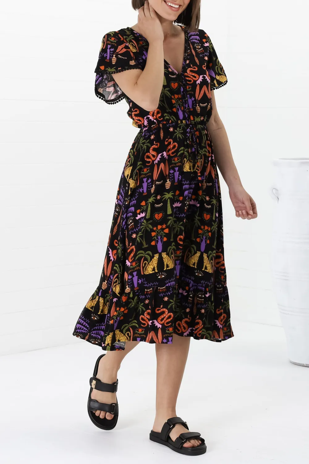 Black Colorful Print Flutter Sleeve Midi Dress
