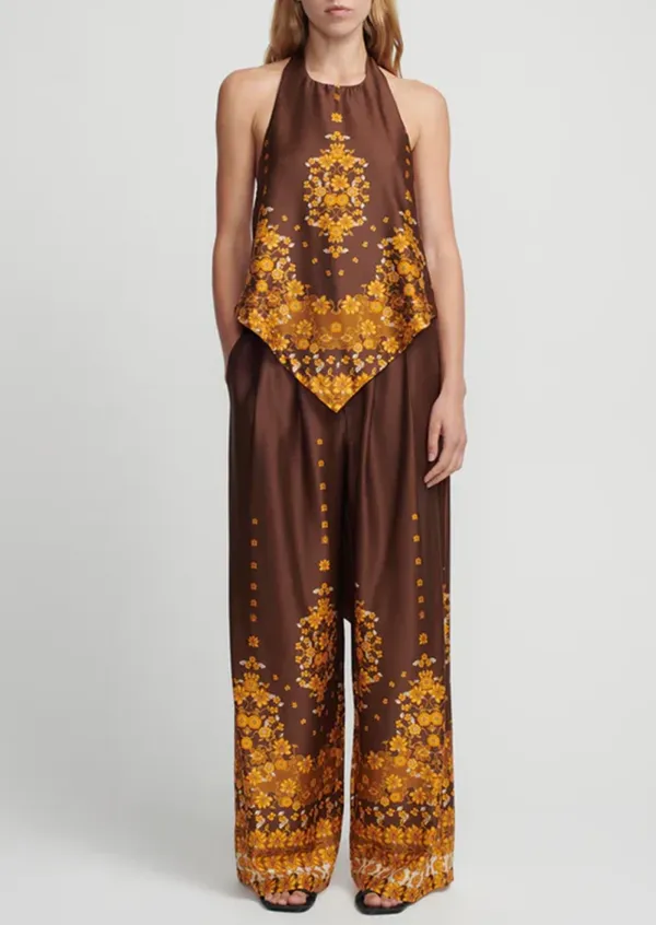 Brown Ornate Pattern Wide Leg Pants