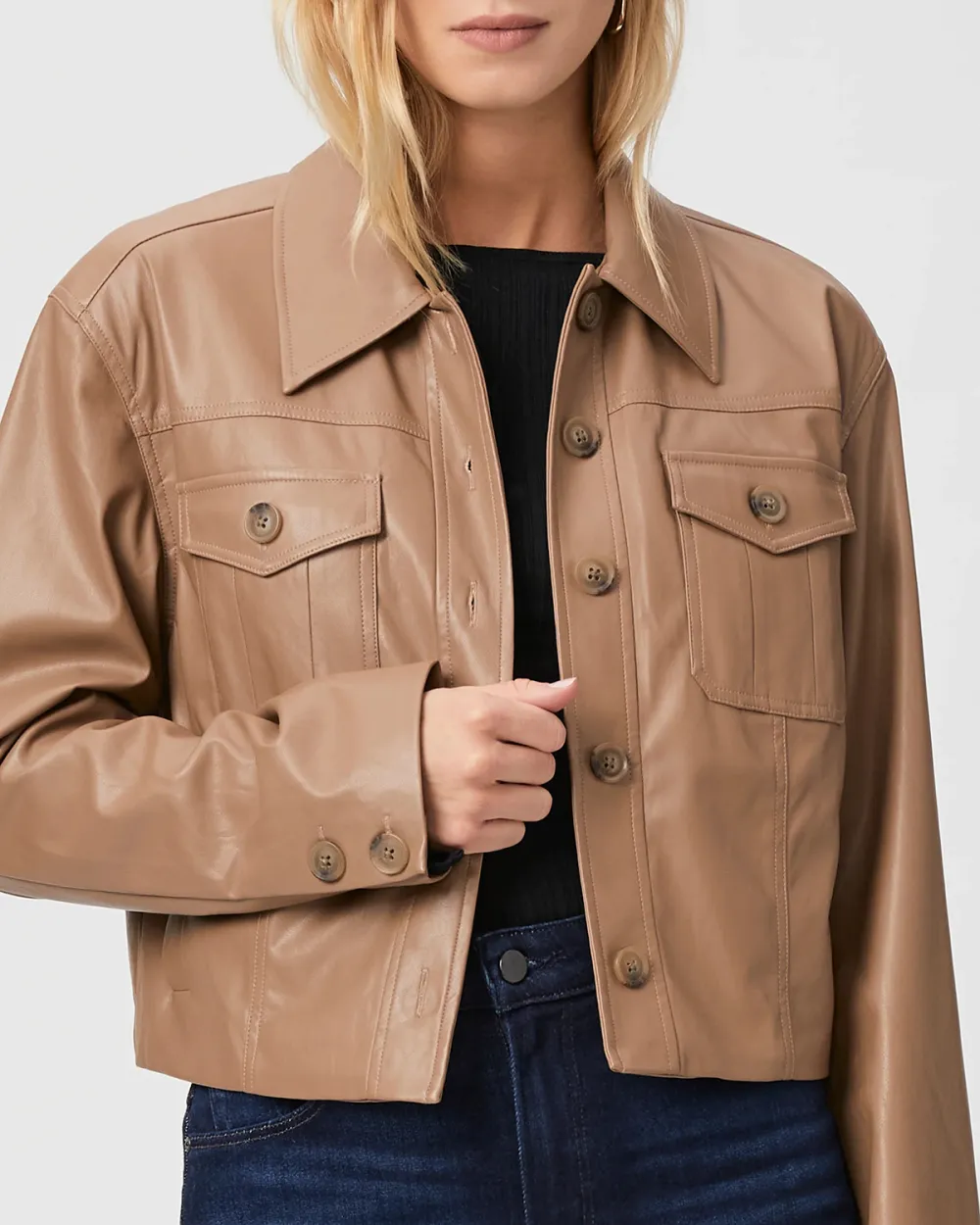 Tan Faux Leather Cropped Jacket