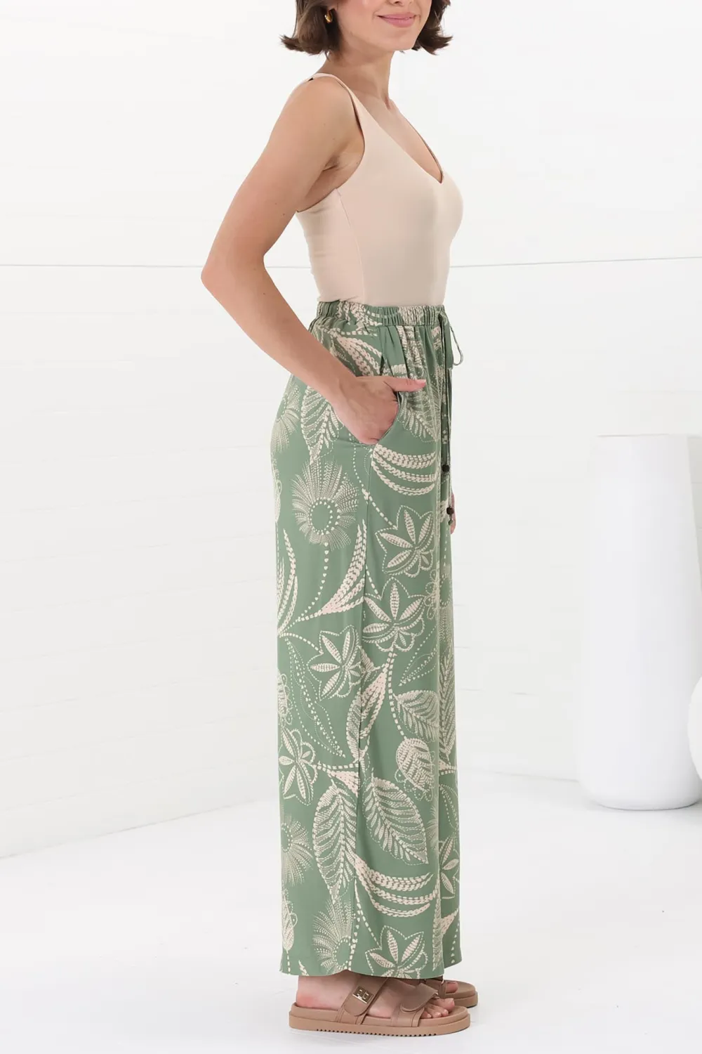 Green Leaf Print High Waist Wide Leg Pants