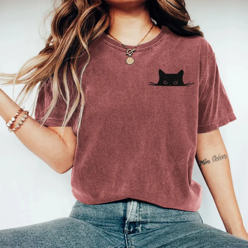 Abstract Creative Embroidered Black Cat Art Print  T-shirt