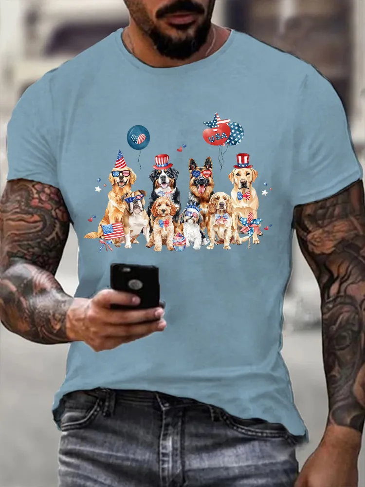 Men'S Independence Day Puppy National Flag Round-Neck Short-Sleeved T-Shirt
