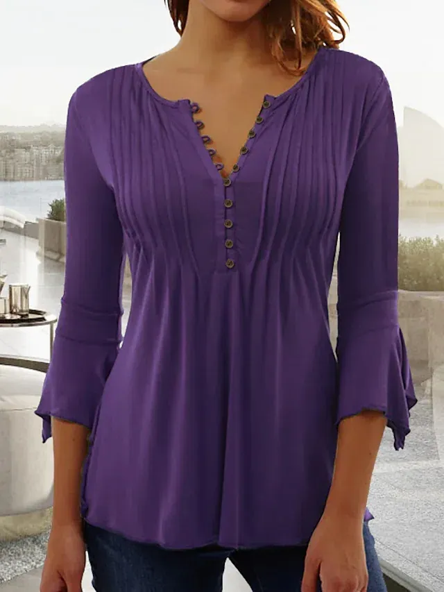 V Neck Buttoned Basic Casual Plain Ruched Tunic Top