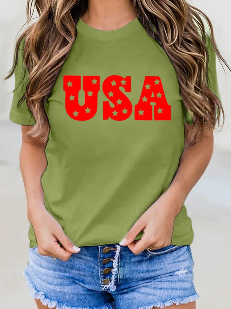 USA Print Round-Neck Short-Sleeved T-Shirt