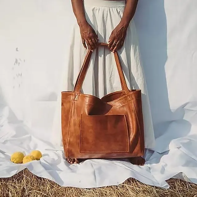 Women's Large Capacity Tote PU Leather Daily Holiday Large Capacity Waterproof Durable Solid Color Black White Yellow