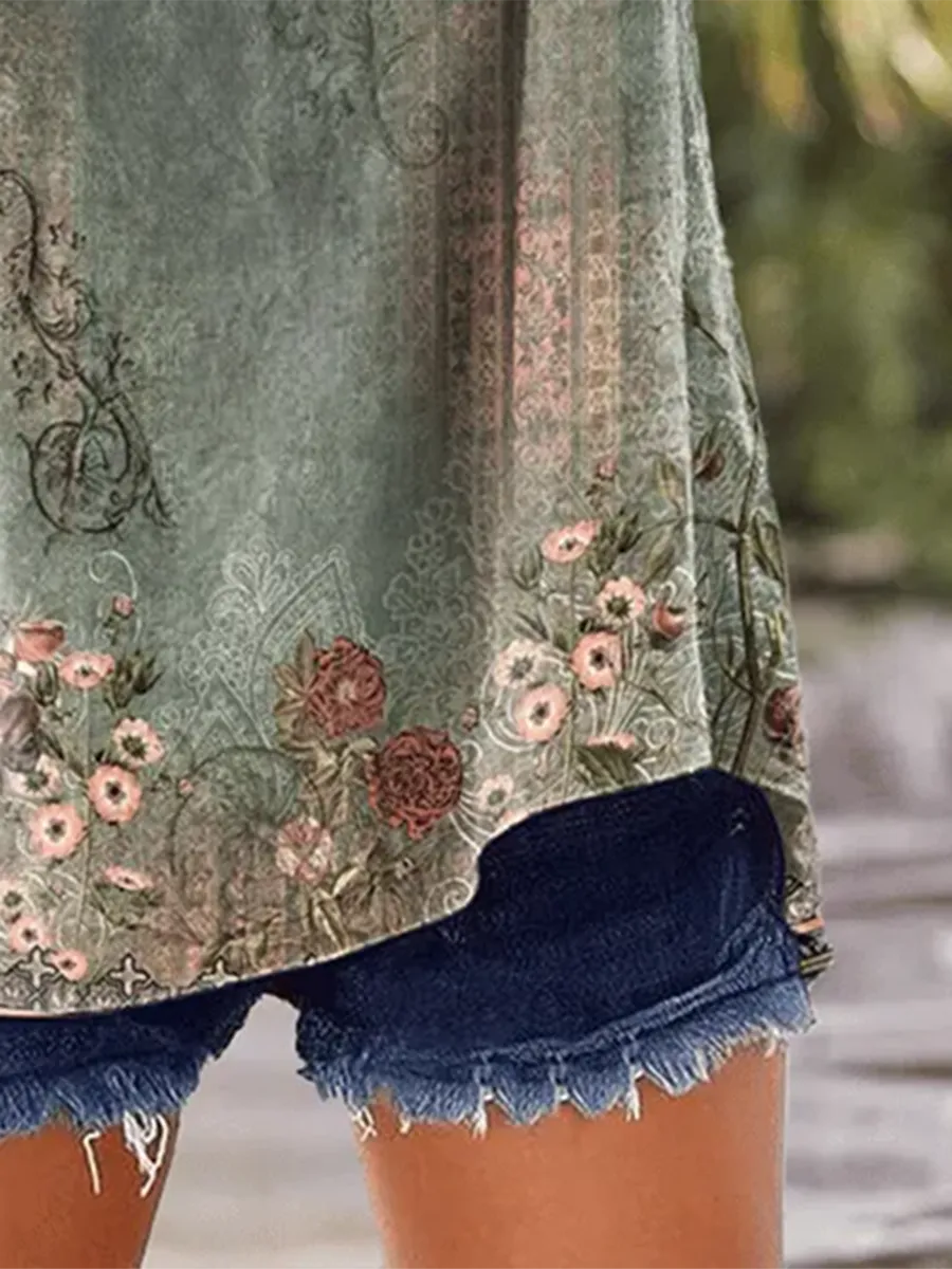 Women's Vintage Botanical Floral Button Design V-Neck Short Sleeve Shirt