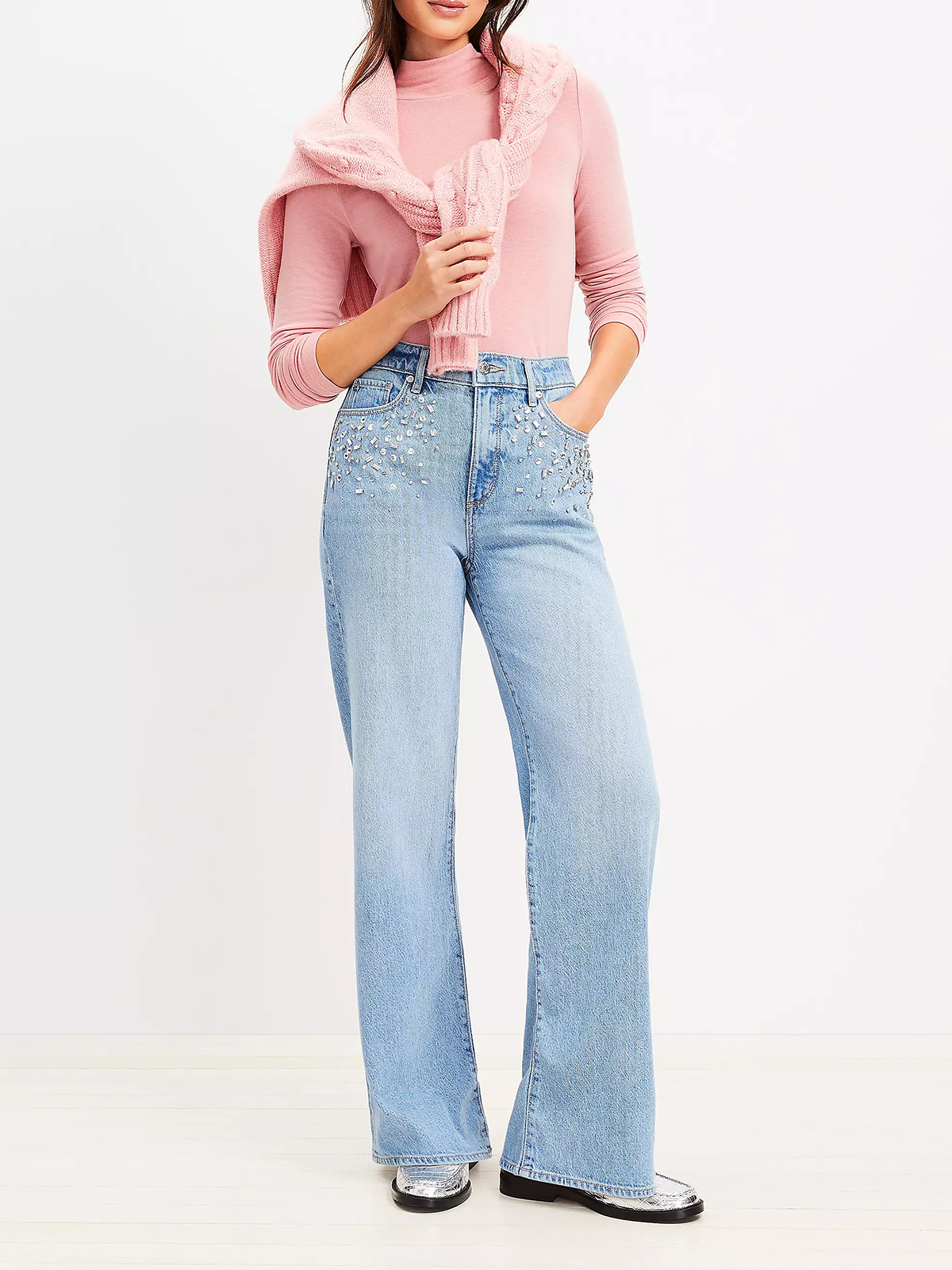 Sparkle High Rise Wide Leg Jeans in Light Wash Indigo
