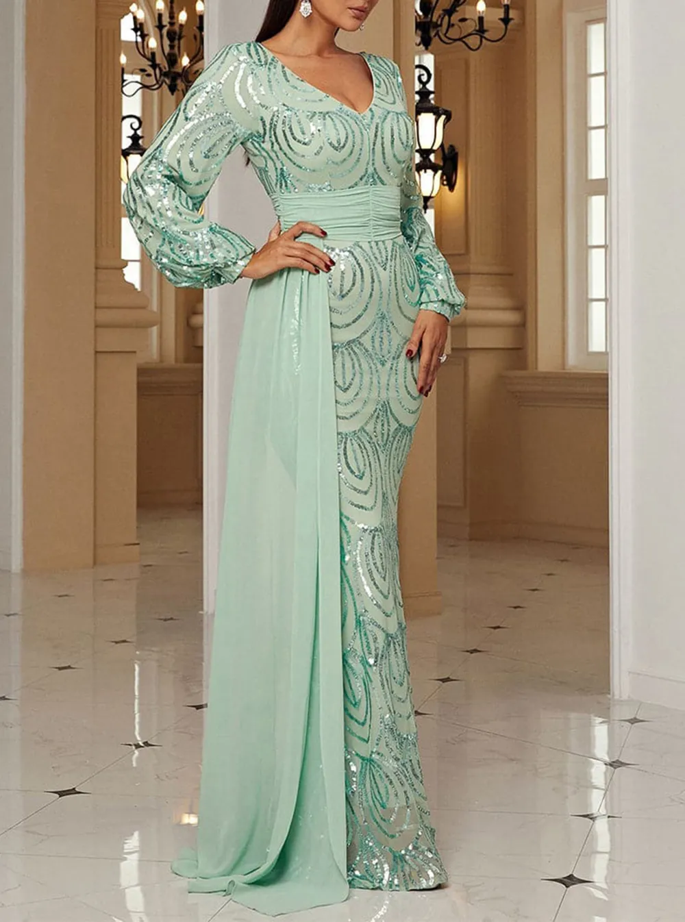 Formal Draping Sequin Long Sleeve Dress