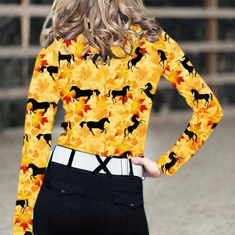 Four Seasons Women's Equestrian Style Horse Print Long Sleeve Casual Shirt