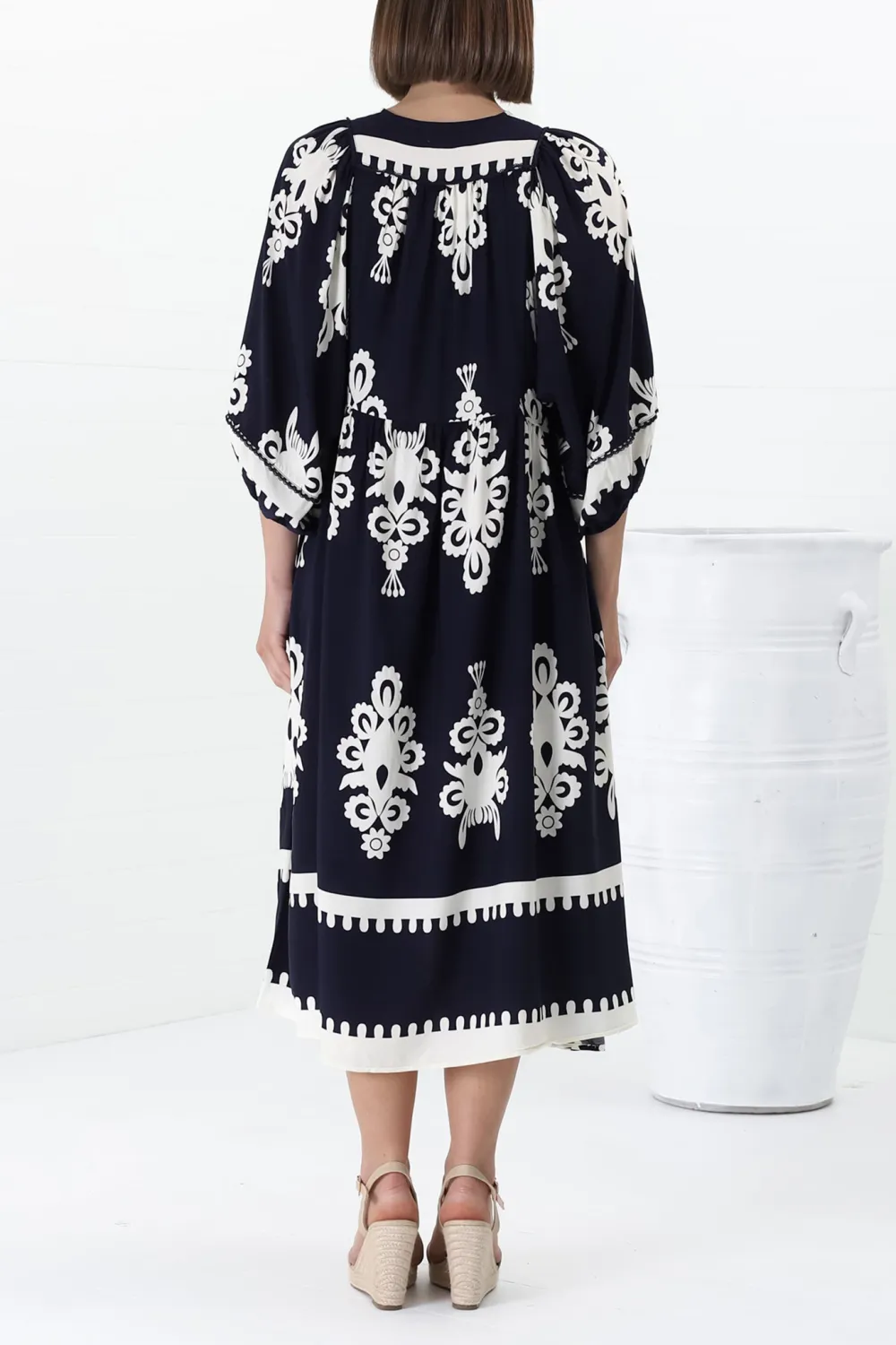 Navy Patterned Half Sleeve Midi Dress
