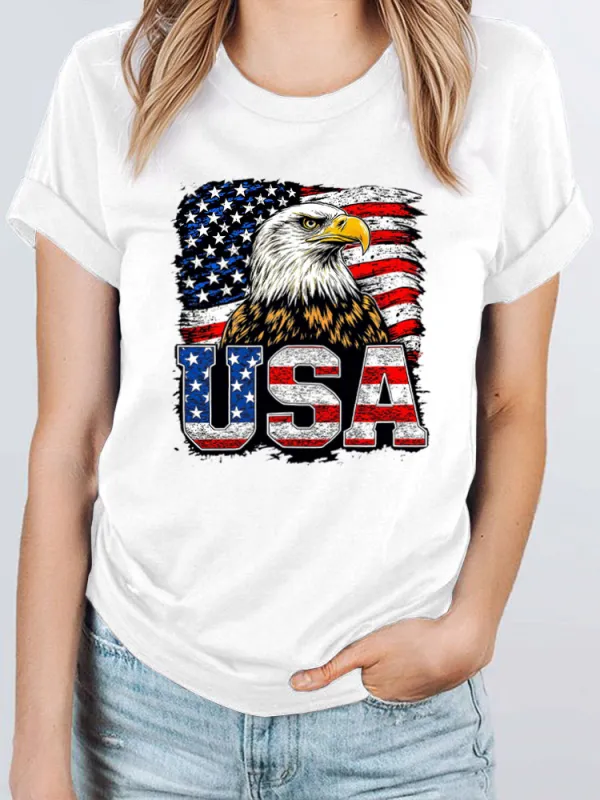 USA Print Round-Neck Short-Sleeved T-Shirt