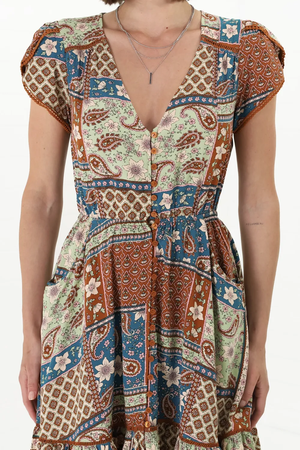 Colorful Patchwork Print V Neck Flared Dress
