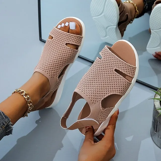 Women's Sandals Plus Size Flyknit Shoes Outdoor Daily Walking Summer Flat Heel Open Toe Sporty Casual Walking Shoes Tissage Volant Magic Tape Solid Color Solid Colored Almond Light Blue
