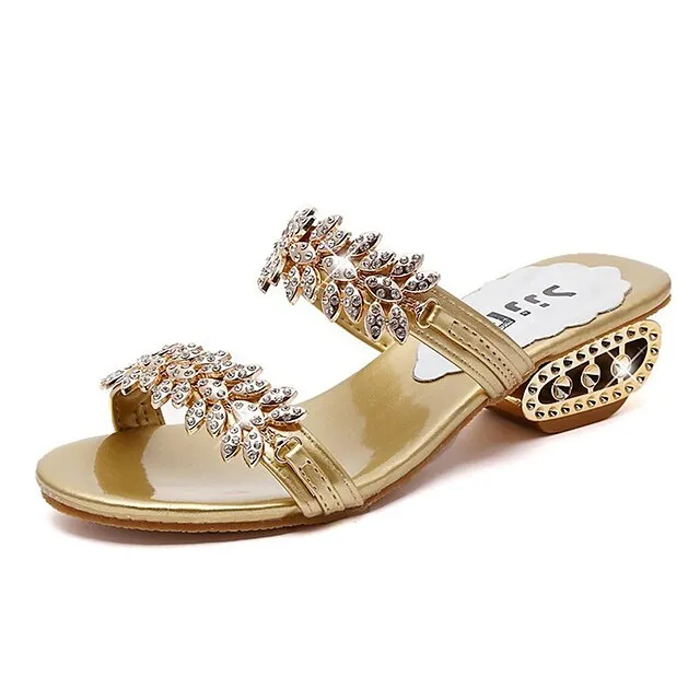 Women's Sandals Sparkly Sandals Outdoor Daily Beach Summer Sparkling Glitter Chunky Heel Open Toe Elegant Sweet Walking Shoes PU Leather Loafer Solid Colored Black Silver Gold
