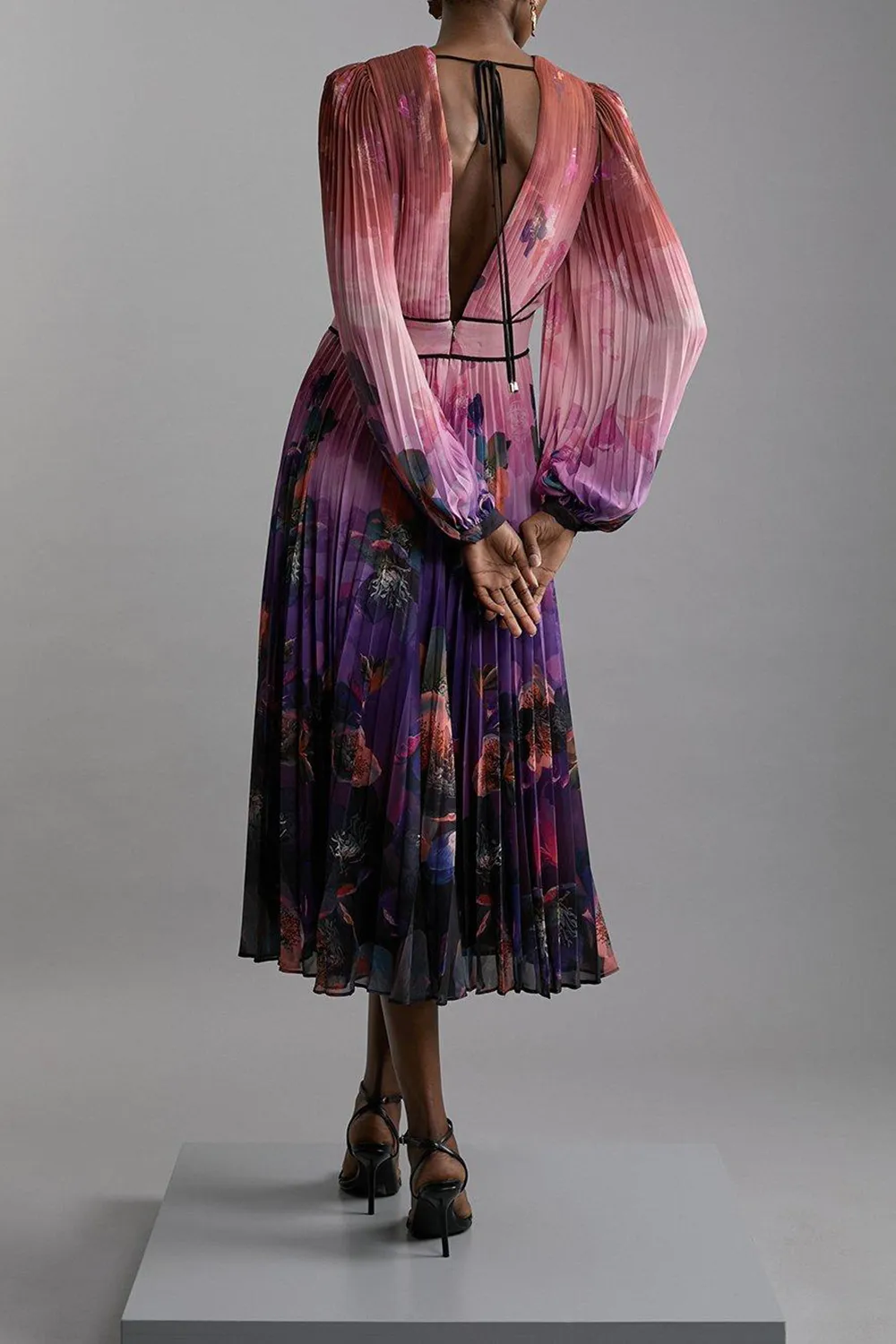 Ombre Floral Soft Pleated Long Sleeve Maxi Dress