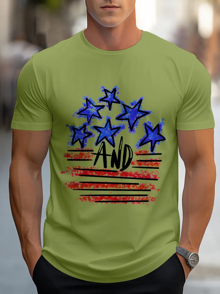 Man'S Star And Striped Prints Round-Neck Short-Sleeved T-Shirt