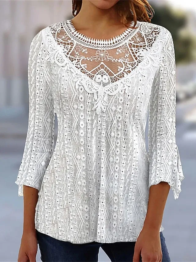 Women's Shirt Blouse Black White Pink Plain Lace 3/4 Length Sleeve Casual Vintage Fashion Basic Round Neck Regular Fit