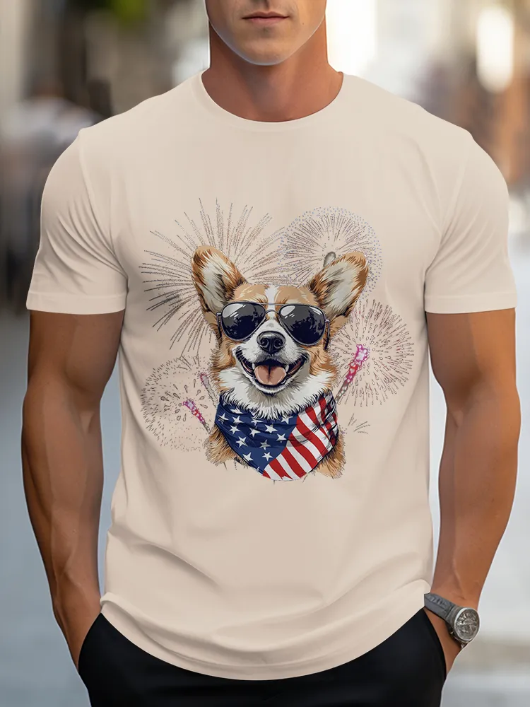 Man'S Puppy Fireworks Round-Neck Short-Sleeved T-Shirt