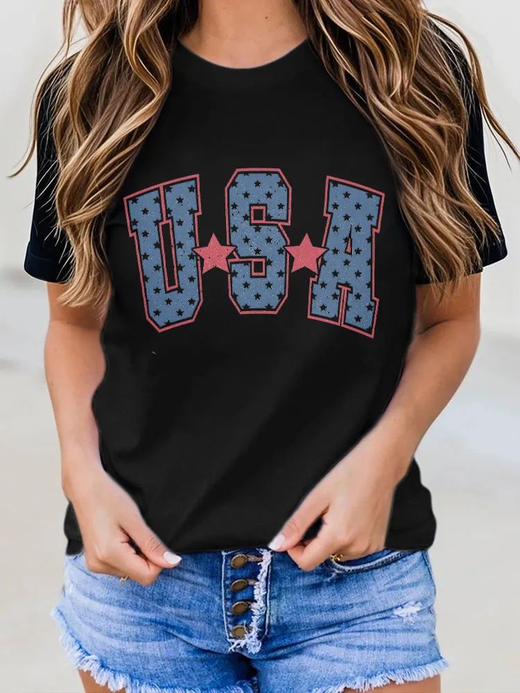 Woman'S USA Round-Neck Short-Sleeved T-Shirt