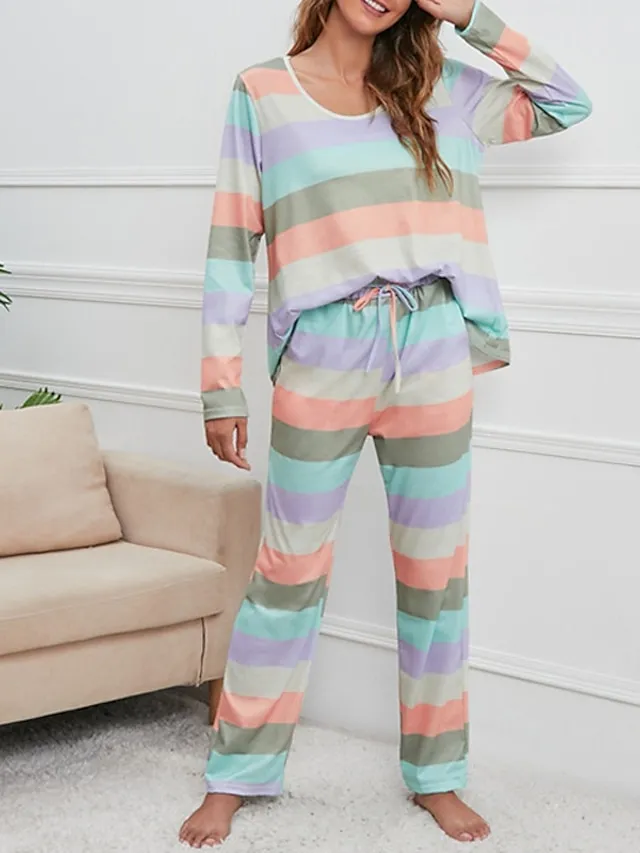 Women's Pajamas Nighty Pjs Sets 2 Pieces Rainbow Stripe Fashion Comfort Soft Home Daily Bed Cotton Breathable V Wire Long Sleeve T shirt Tee Pant Spring Fall Yellow Blue