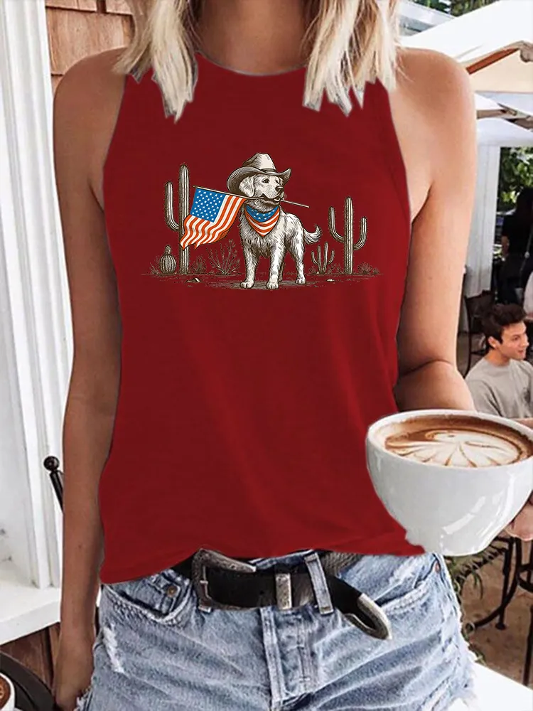 Women'S Independence Day Puppy National Flag Round-Neck Sleeveless Vest