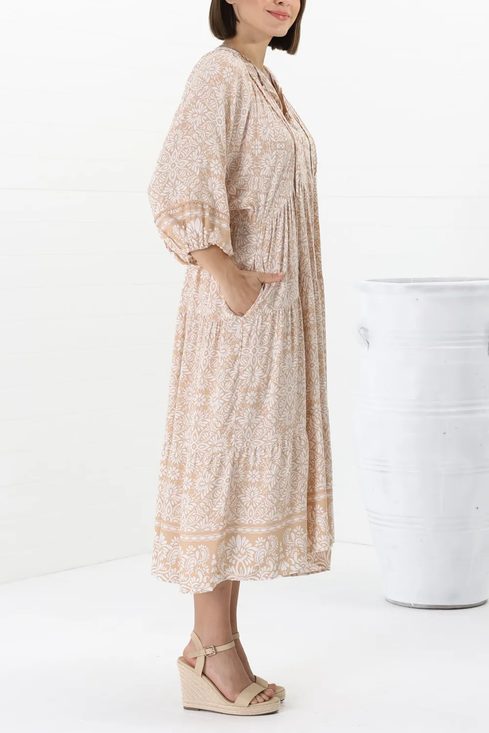Beige Patterned Half Sleeve Midi Dress