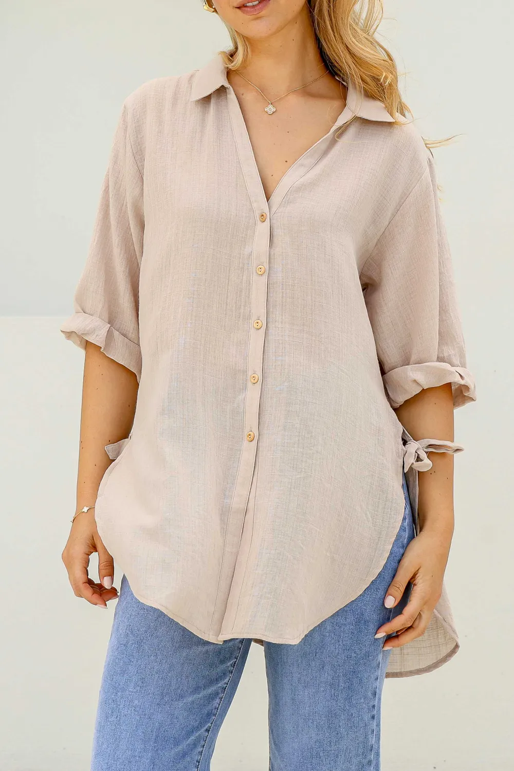 Light Beige Linen Roll Up Sleeve Shirt