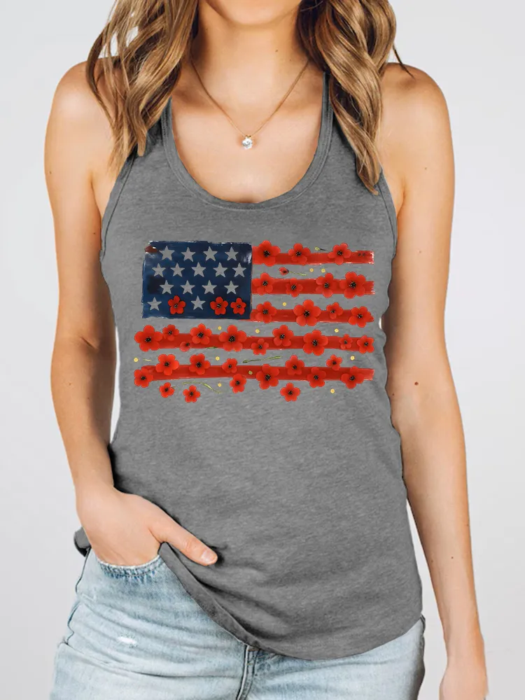 Women'S Flower Stars And Stripes Print Round-Necked Sleeveless Vest