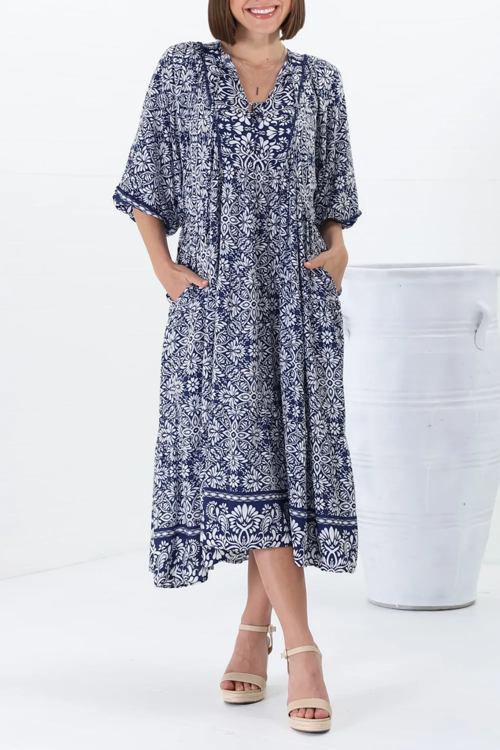 Blue Patterned Half Sleeve Midi Dress