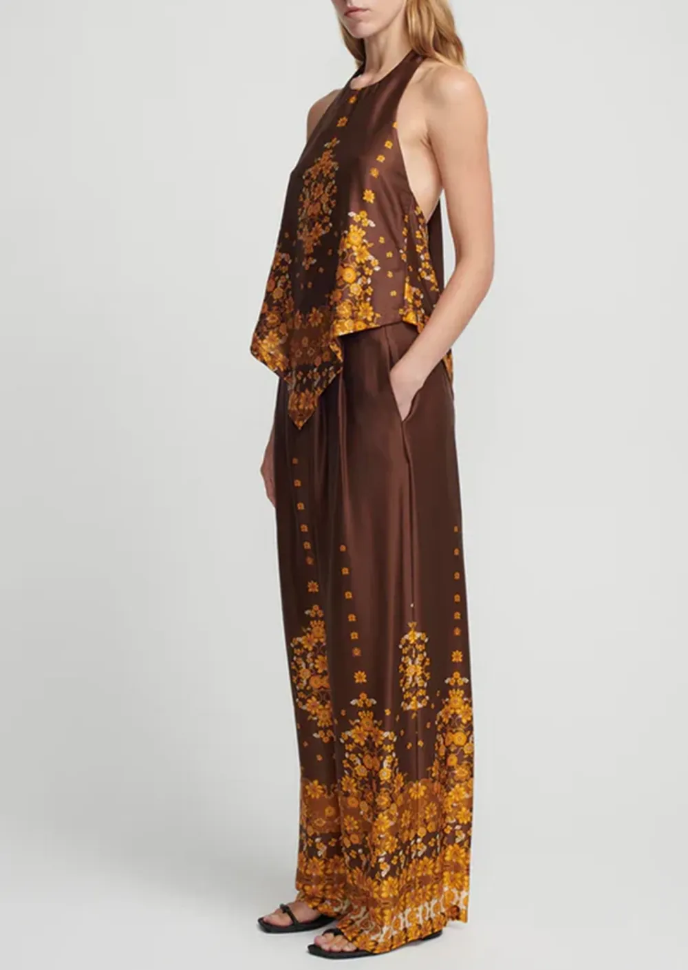Brown Ornate Pattern Wide Leg Pants