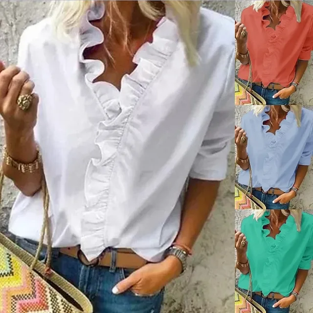 Women‘s Blouse Shirt V Neck Lettuce Trim Plain Modern V Neck Regular Spring &  Fall Green Blue White Orange