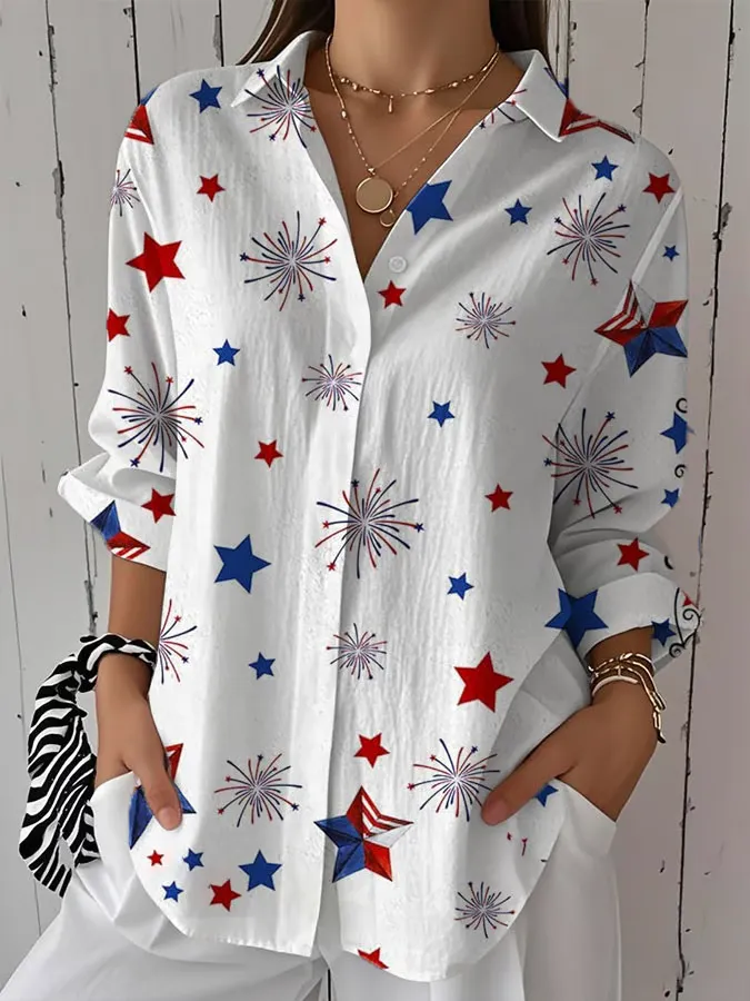 Women'S Star And Firework Prints Lapel Shirt