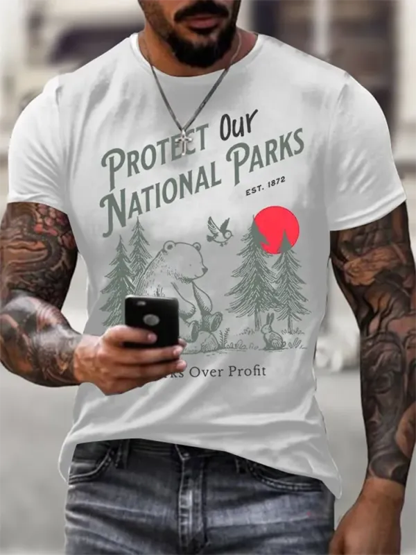 Men'S Protect Our National Parks Printed Round Neck T-Shirt