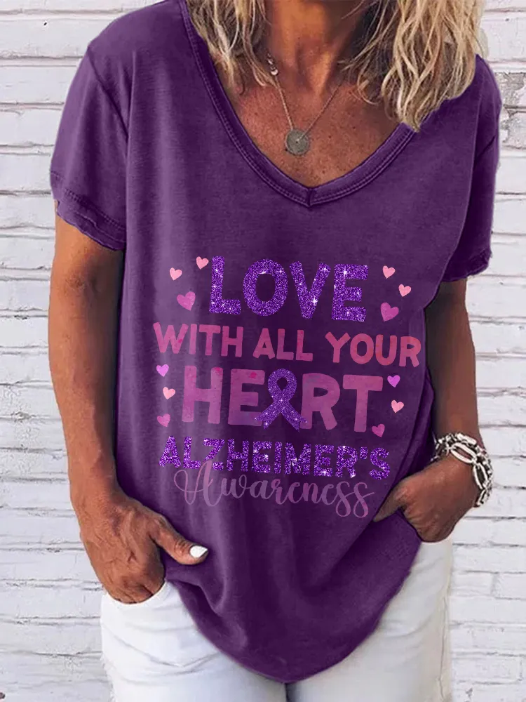 Women'S V-Neck Short-Sleeved T-Shirt Love With All Your Heart Alzheimer'S Awareness Prints